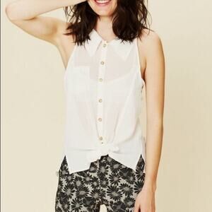 Free People White Sheer Sleeveless Button Down Collar Top Medium Light Academia